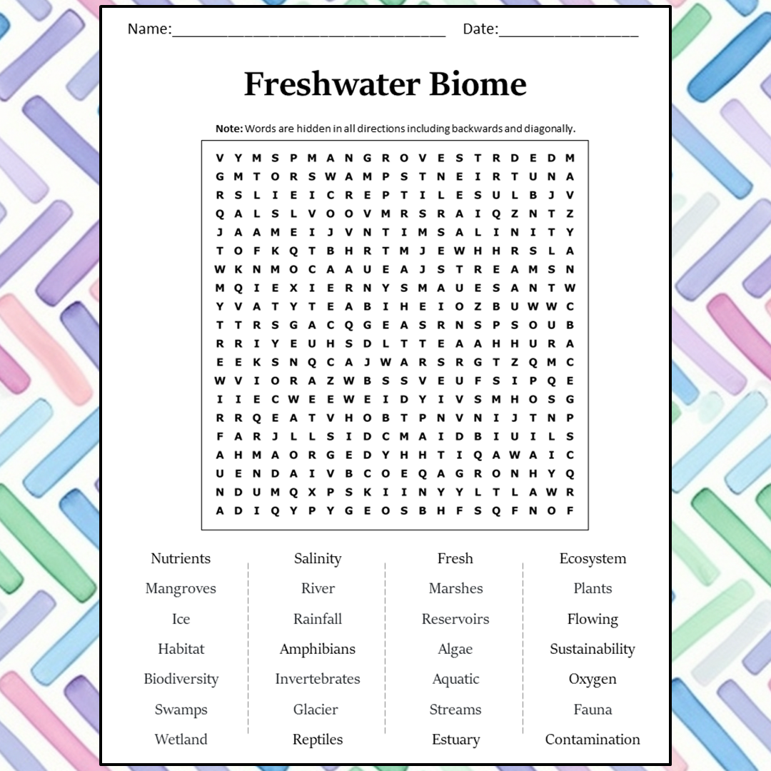 Freshwater Biome Word Search Puzzle Worksheet Activity PDF