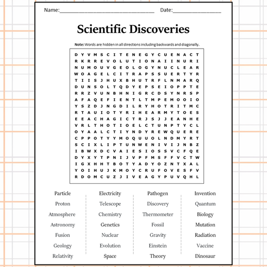 Scientific Discoveries Word Search Puzzle Worksheet Activity PDF