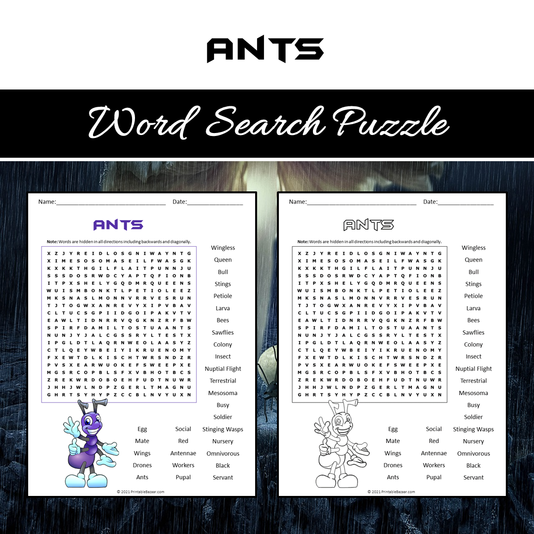 Ants Word Search Puzzle Worksheet PDF
