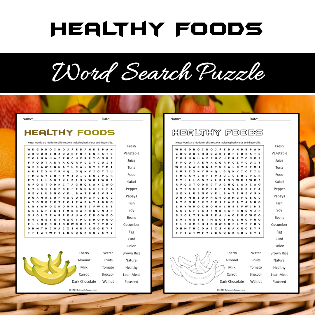 Healthy Foods Word Search Puzzle Worksheet PDF