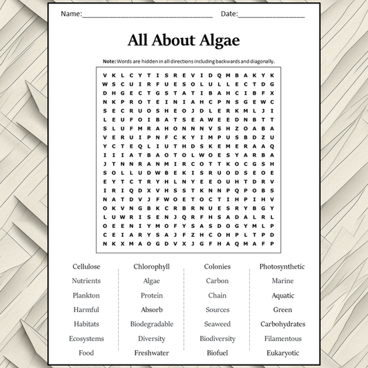 All About Algae Word Search Puzzle Worksheet Activity PDF