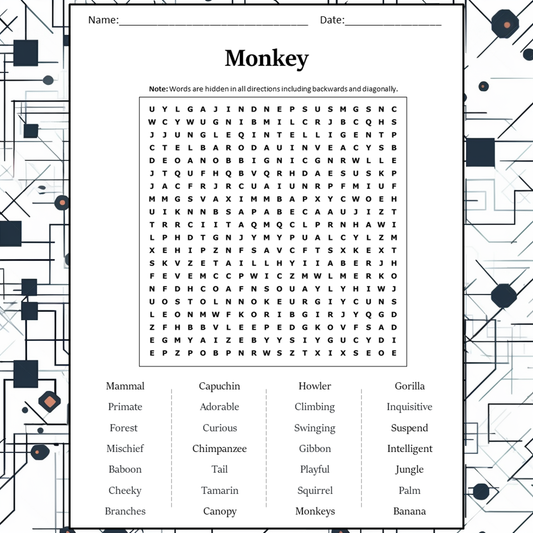 Monkey Word Search Puzzle Worksheet Activity PDF