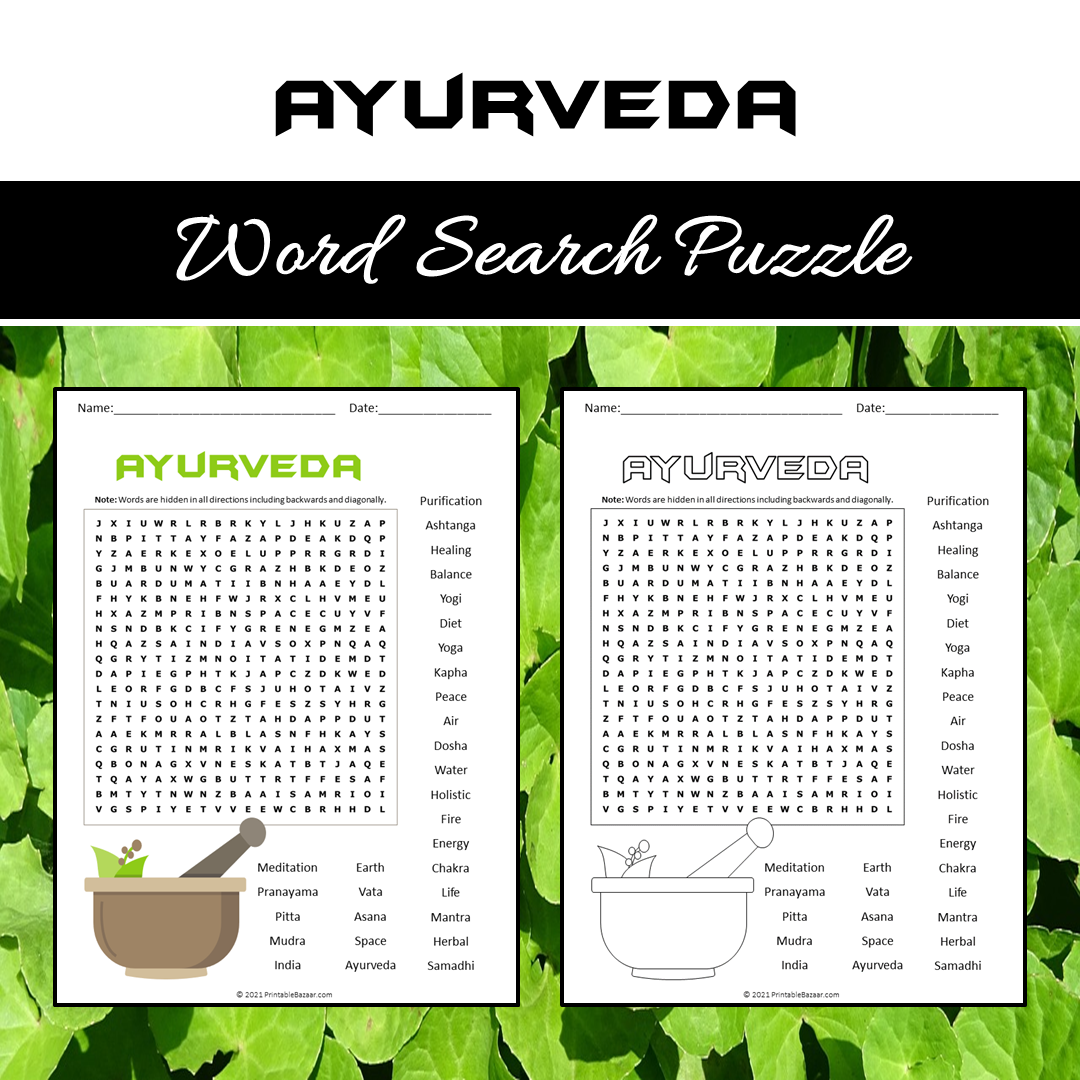 Ayurveda Word Search Puzzle Worksheet PDF