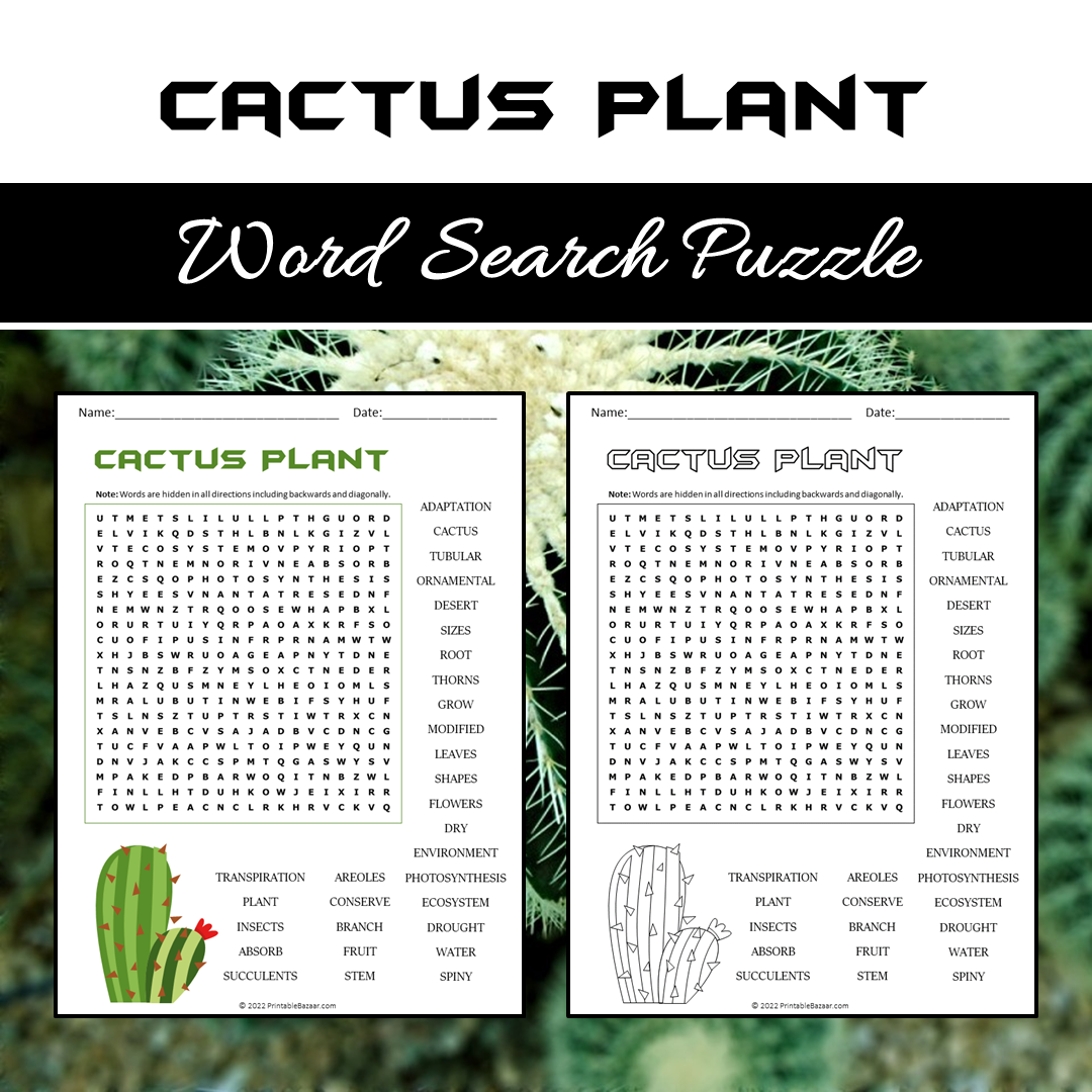 Cactus Plant Word Search Puzzle Worksheet PDF