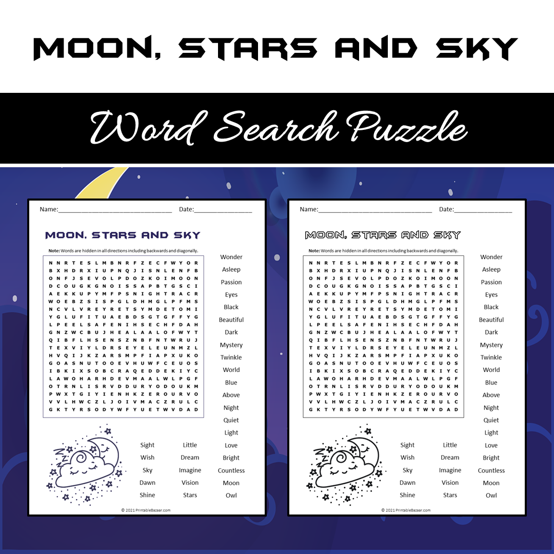 Moon, Stars and Sky Word Search Puzzle Worksheet PDF