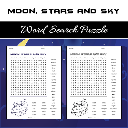 Moon, Stars and Sky Word Search Puzzle Worksheet PDF