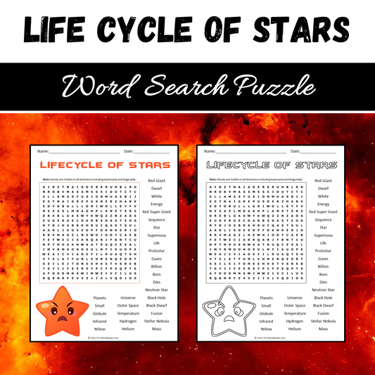 Lifecycle Of Stars Word Search Puzzle Worksheet PDF