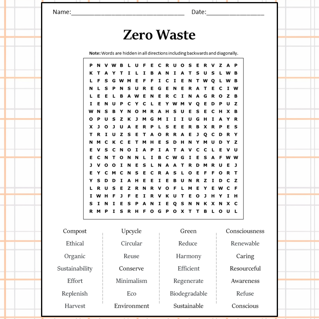 Zero Waste Word Search Puzzle Worksheet Activity PDF