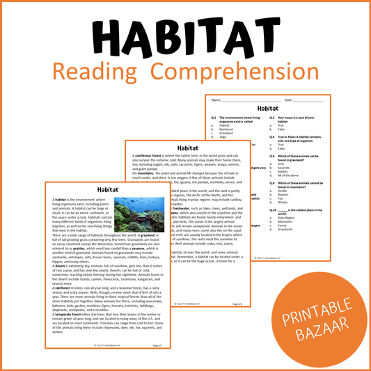 Habitat Reading Comprehension Passage and Questions | Printable PDF