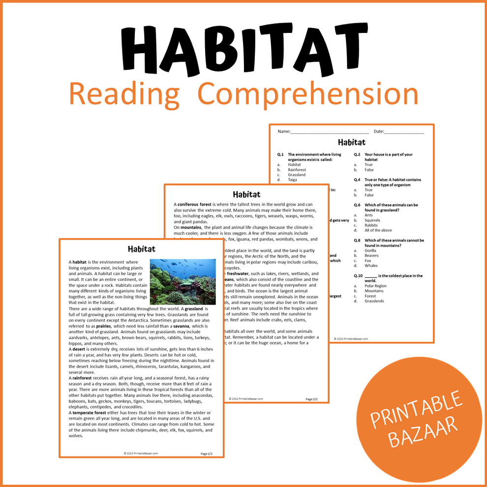Habitat Reading Comprehension Passage and Questions Printable PDF
