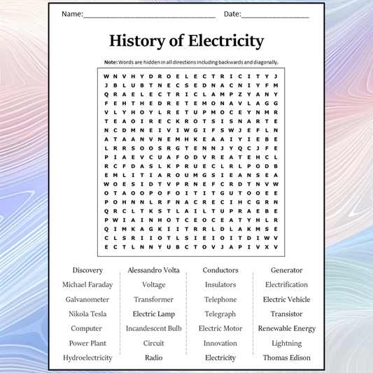 History Of Electricity Word Search Puzzle Worksheet Activity PDF