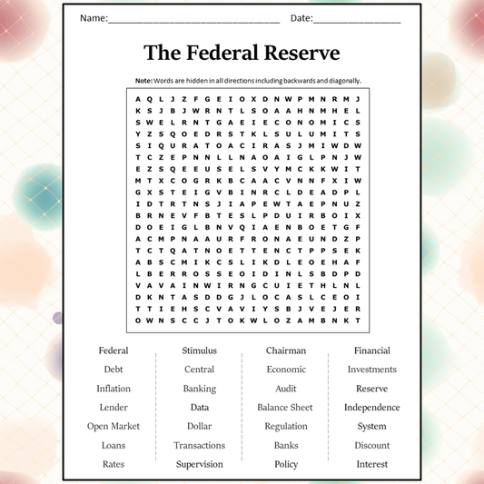 The Federal Reserve Word Search Puzzle Worksheet Activity PDF