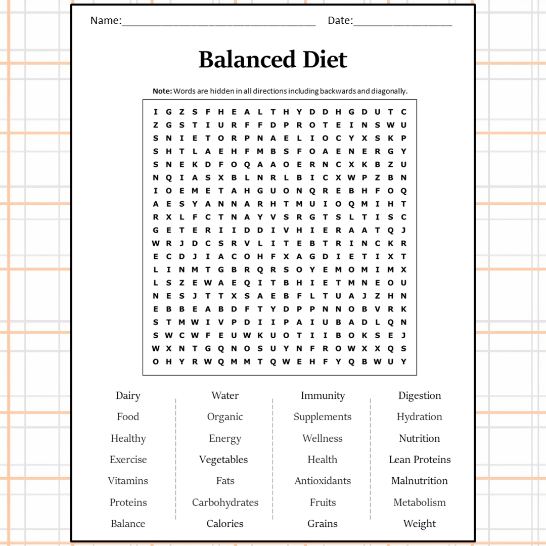 Balanced Diet Word Search Puzzle Worksheet Activity PDF