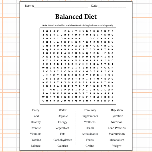 Balanced Diet Word Search Puzzle Worksheet Activity PDF