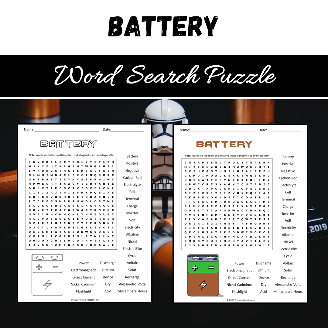 Battery Word Search Puzzle Worksheet PDF