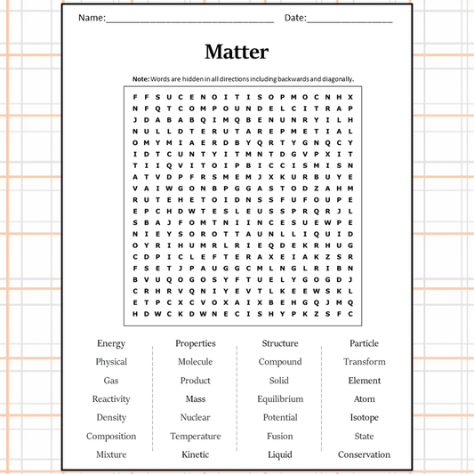 Matter Word Search Puzzle Worksheet Activity PDF