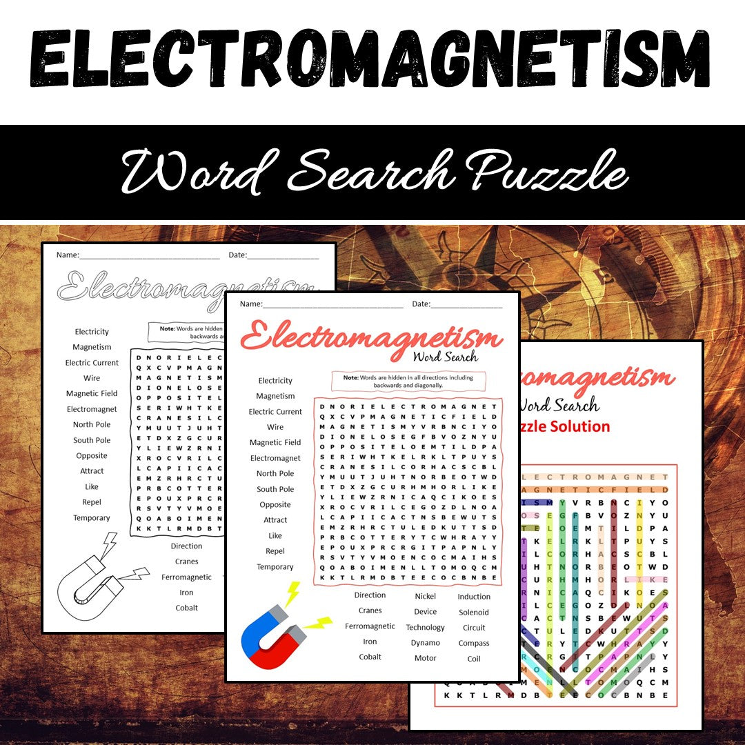 Electromagnetism Word Search Puzzle Worksheet PDF