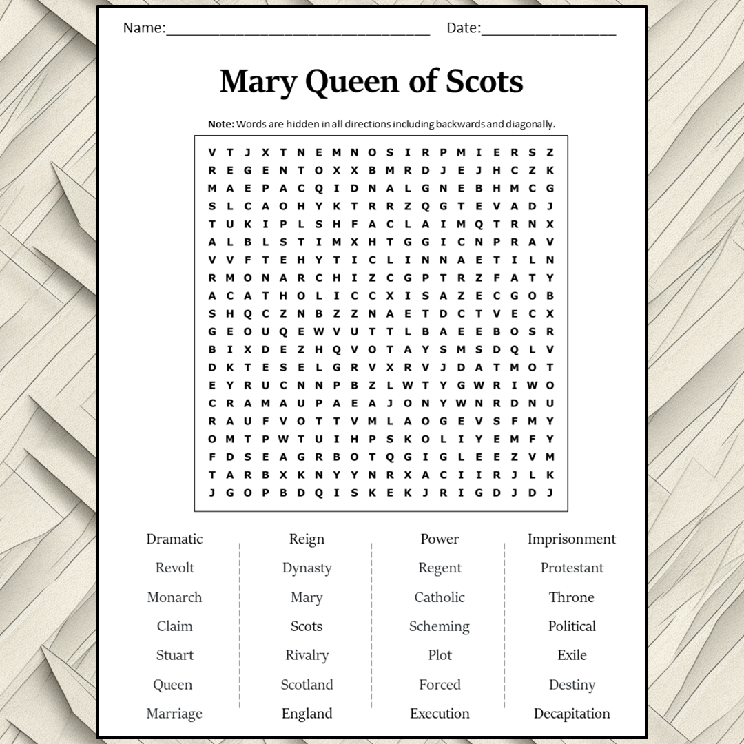 Mary Queen Of Scots Word Search Puzzle Worksheet Activity PDF