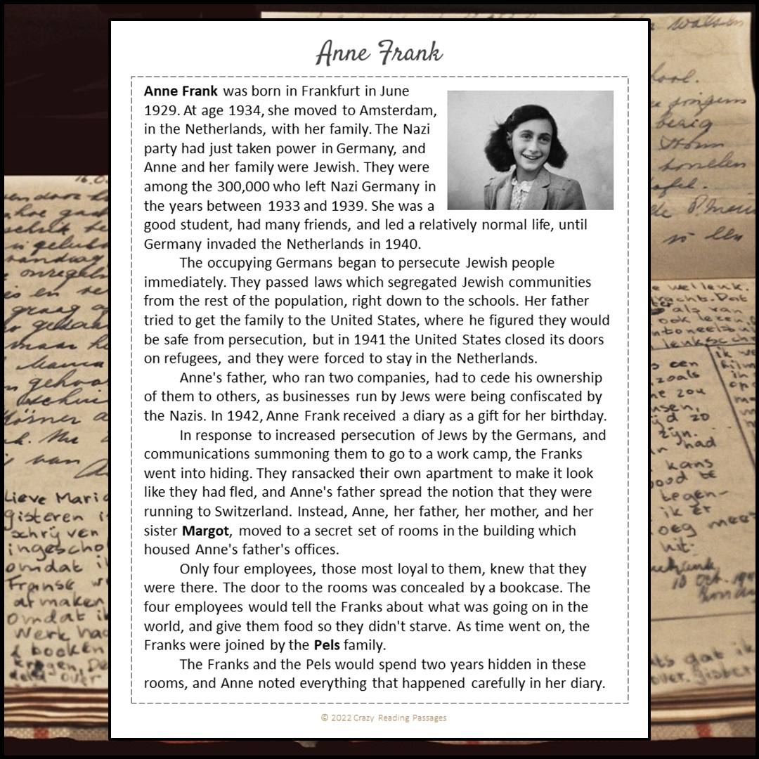 Anne Frank Reading Comprehension Passage and Questions | Printable PDF