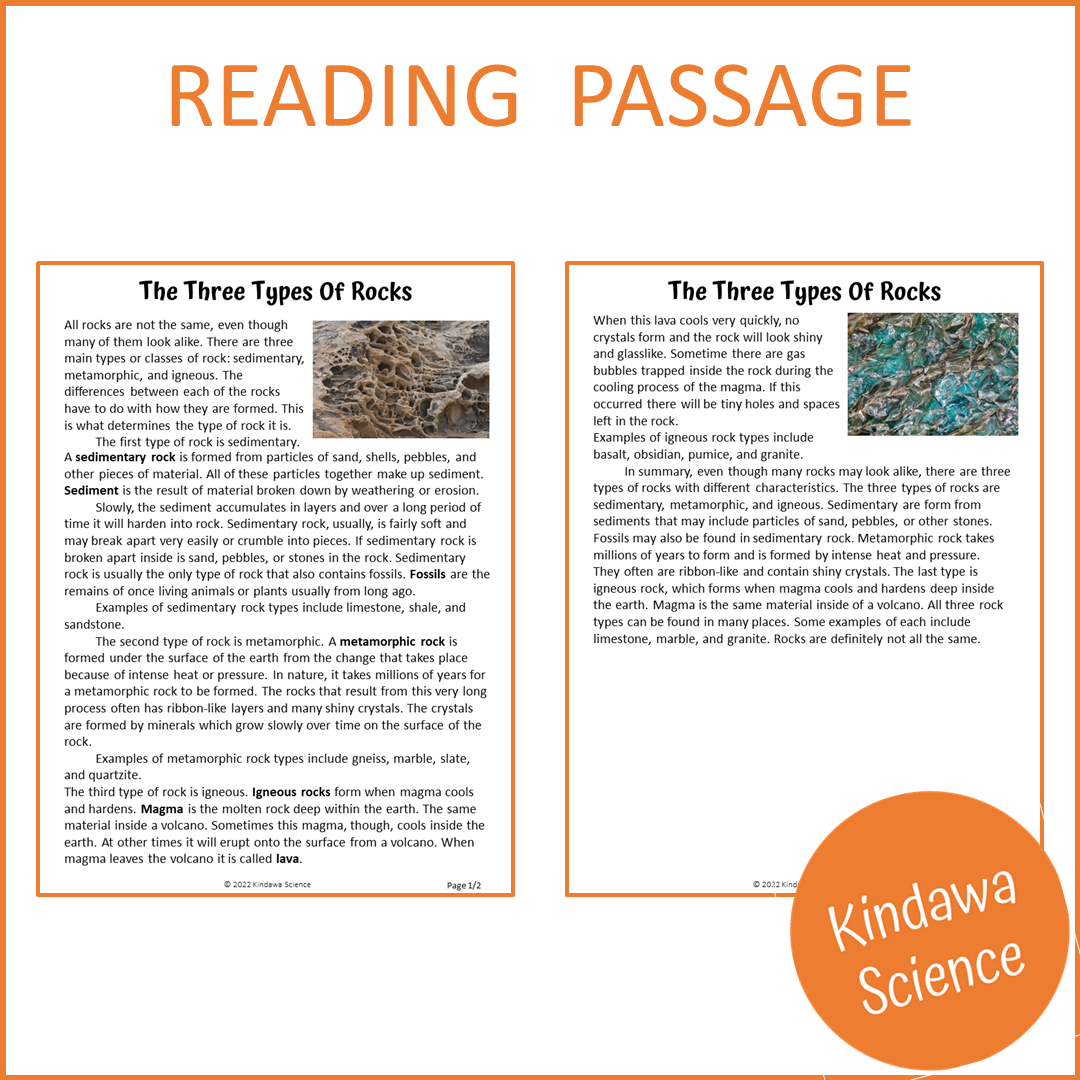 The Three Types Of Rocks Reading Comprehension Passage and Questions | Printable PDF
