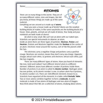 Atoms Reading Comprehension Passage and Questions