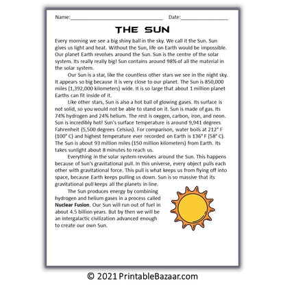 The Sun Reading Comprehension Passage and Questions