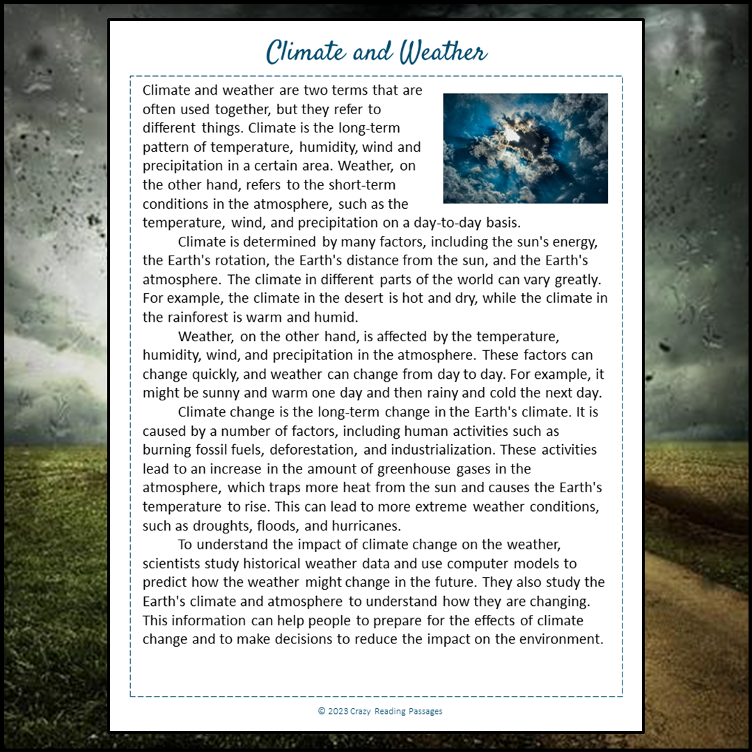 Climate And Weather Reading Comprehension Passage and Questions | Printable PDF