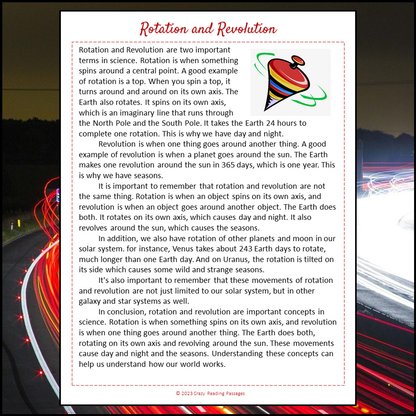 Rotation And Revolution Reading Comprehension Passage and Questions | Printable PDF