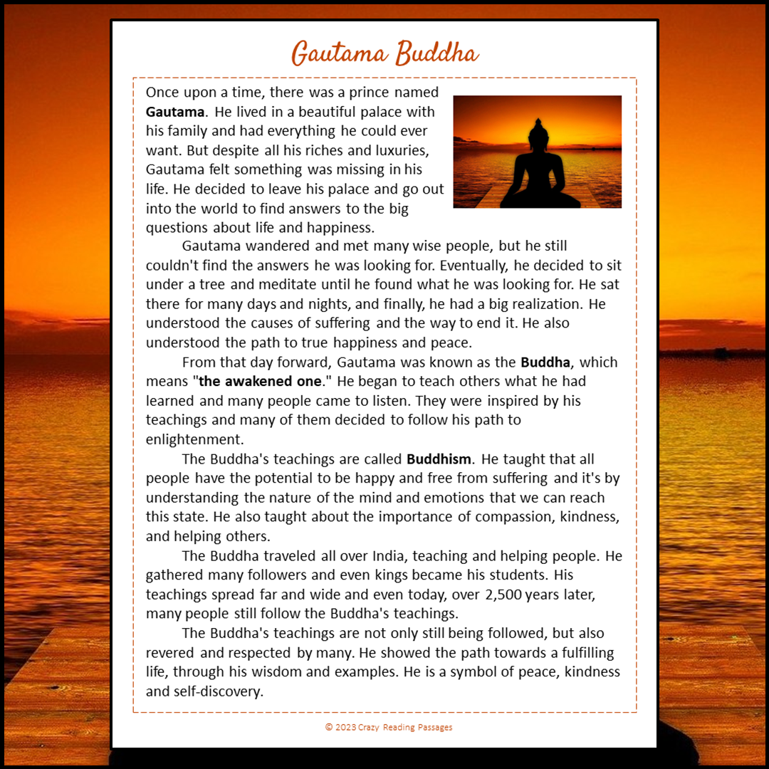 Gautama Buddha Reading Comprehension Passage and Questions | Printable PDF