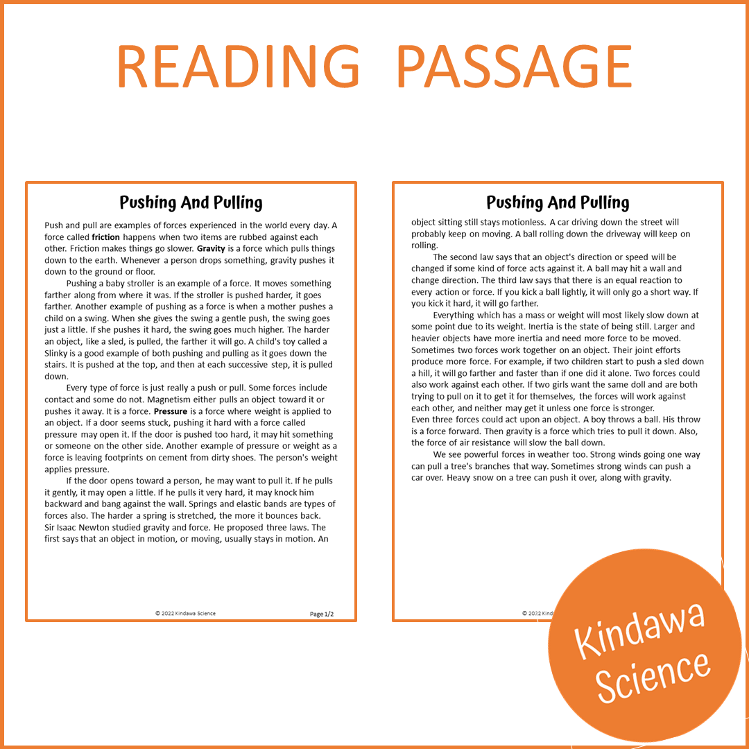 Pushing And Pulling Reading Comprehension Passage and Questions | Printable PDF