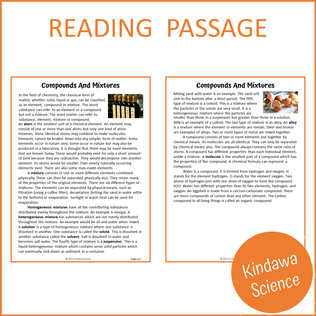 Compounds And Mixtures Reading Comprehension Passage and Questions | Printable PDF