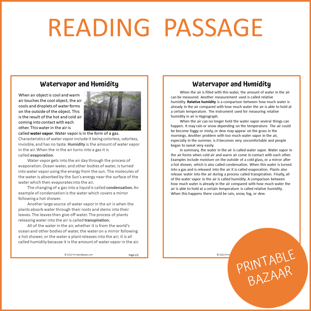 Watervapor And Humidity Reading Comprehension Passage and Questions | Printable PDF