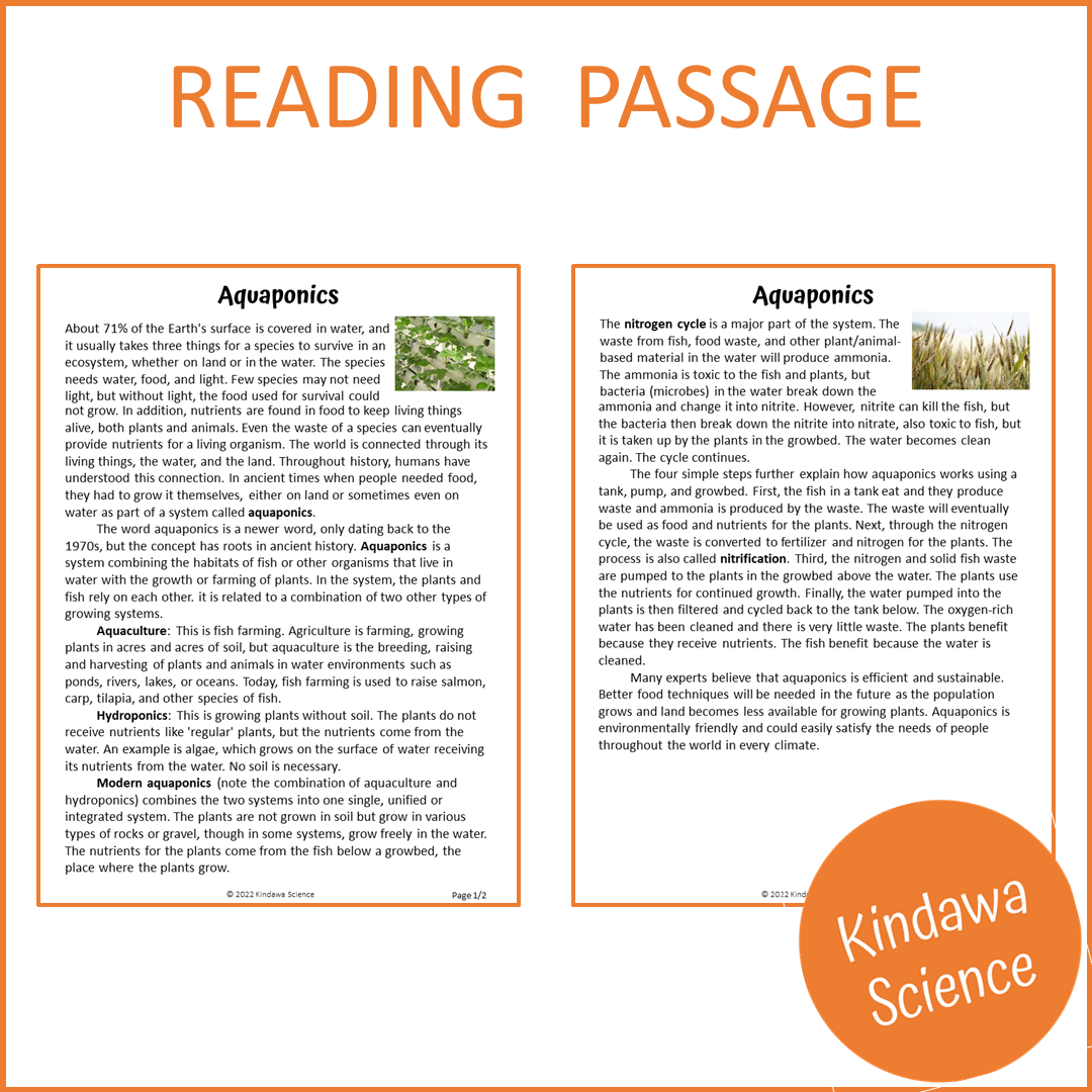 Aquaponics Reading Comprehension Passage and Questions | Printable PDF