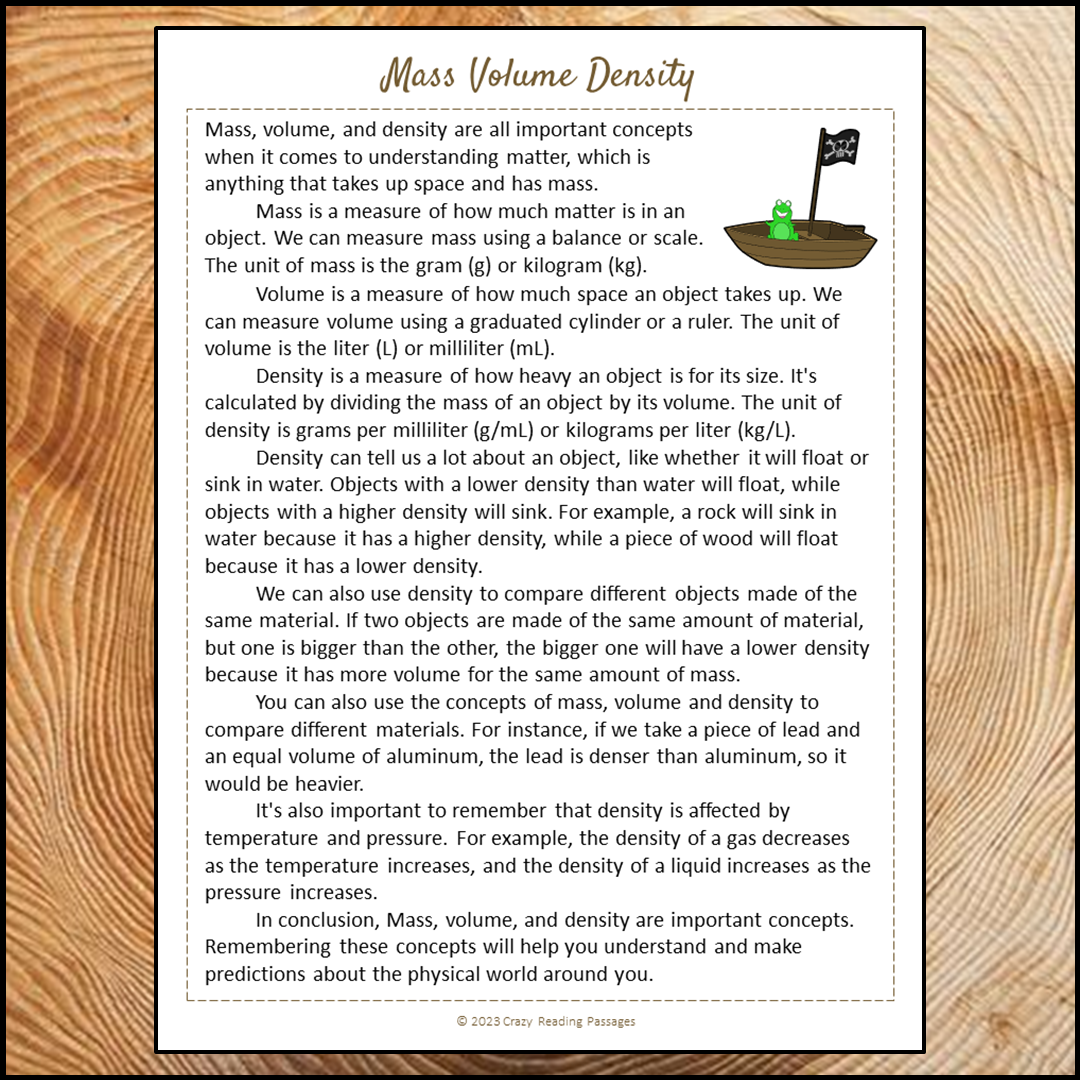 Mass Volume Density Reading Comprehension Passage and Questions | Printable PDF