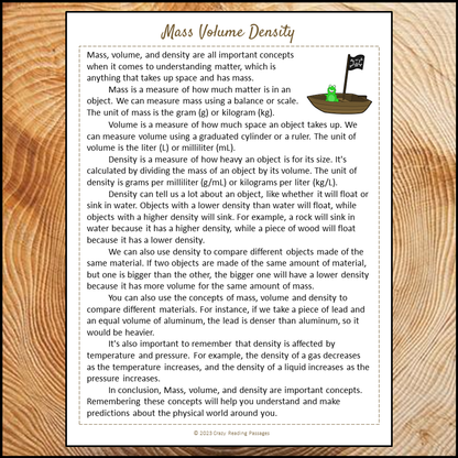 Mass Volume Density Reading Comprehension Passage and Questions | Printable PDF