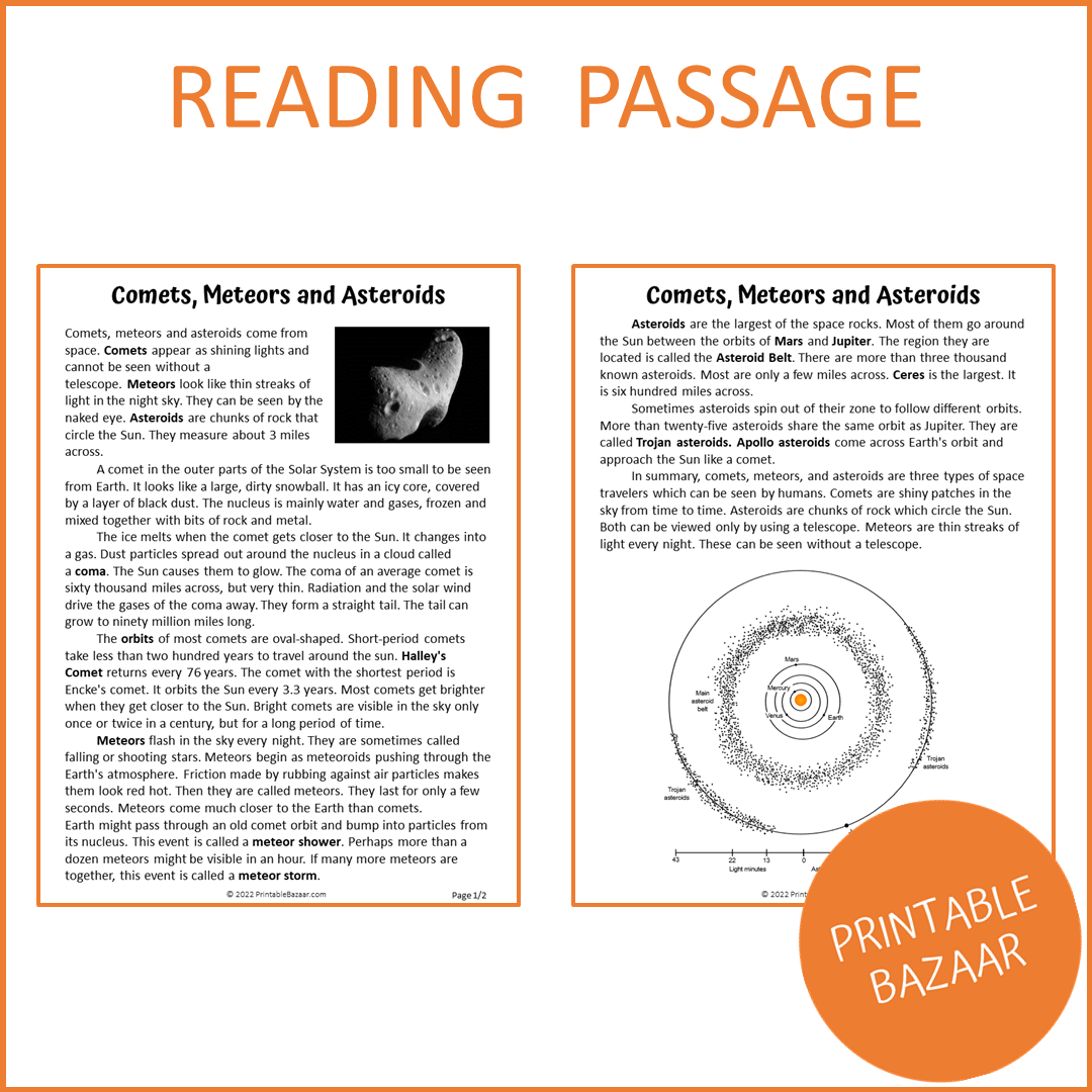 Comets, Meteors and Asteroids Reading Comprehension Passage and Questions | Printable PDF