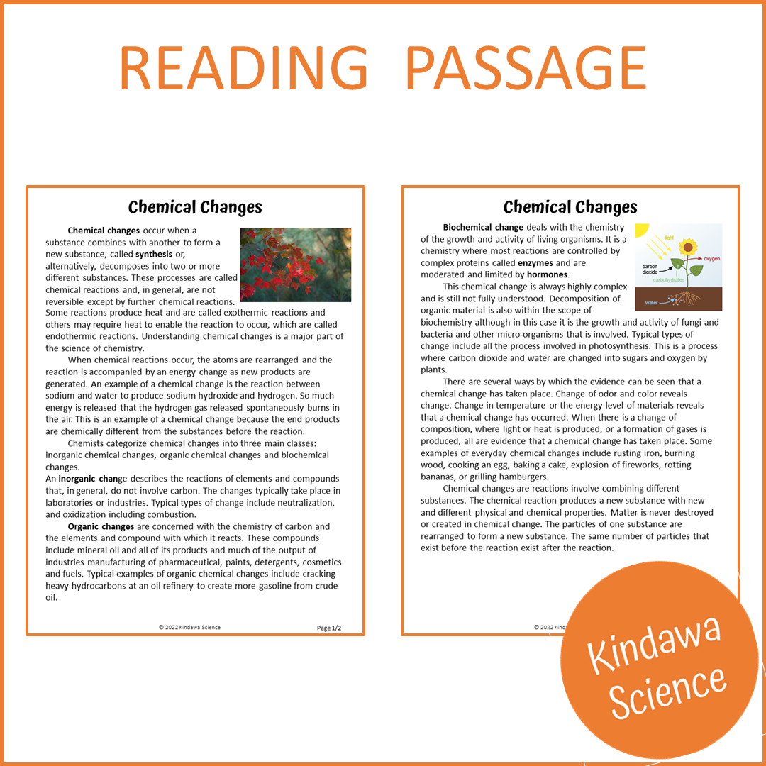 Chemical Changes Reading Comprehension Passage and Questions | Printable PDF