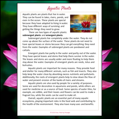 Aquatic Plants Reading Comprehension Passage and Questions | Printable PDF