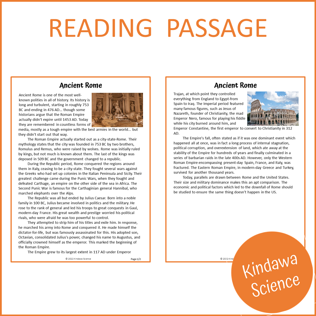 Ancient Rome Reading Comprehension Passage and Questions | Printable PDF