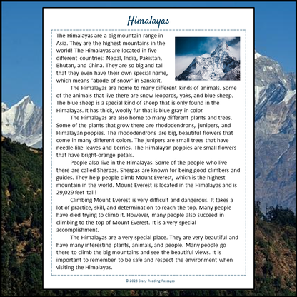 Himalayas Reading Comprehension Passage and Questions | Printable PDF