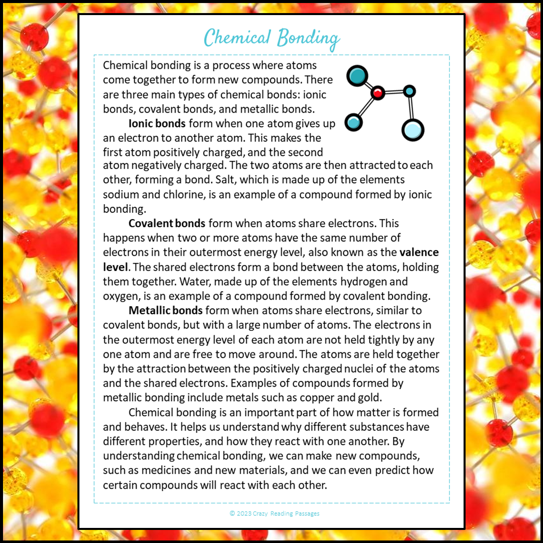 Chemical Bonding Reading Comprehension Passage and Questions | Printable PDF