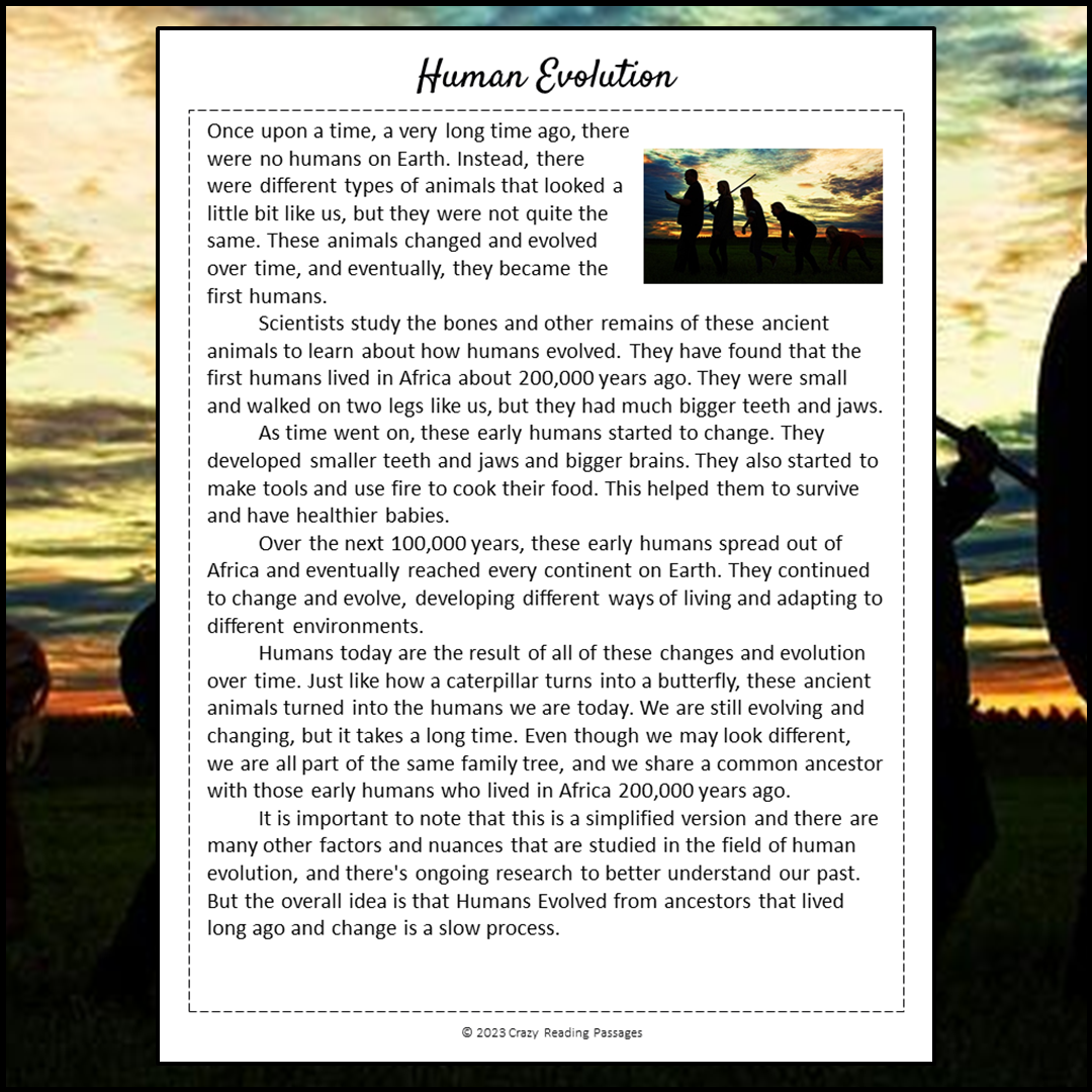 Human Evolution Reading Comprehension Passage and Questions | Printable PDF