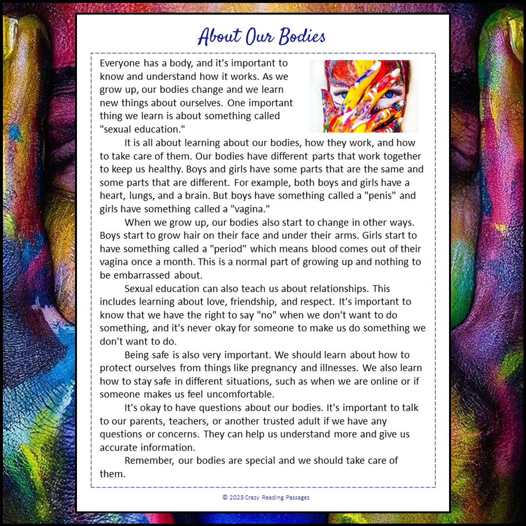 About Our Bodies Reading Comprehension Passage and Questions | Printab ...