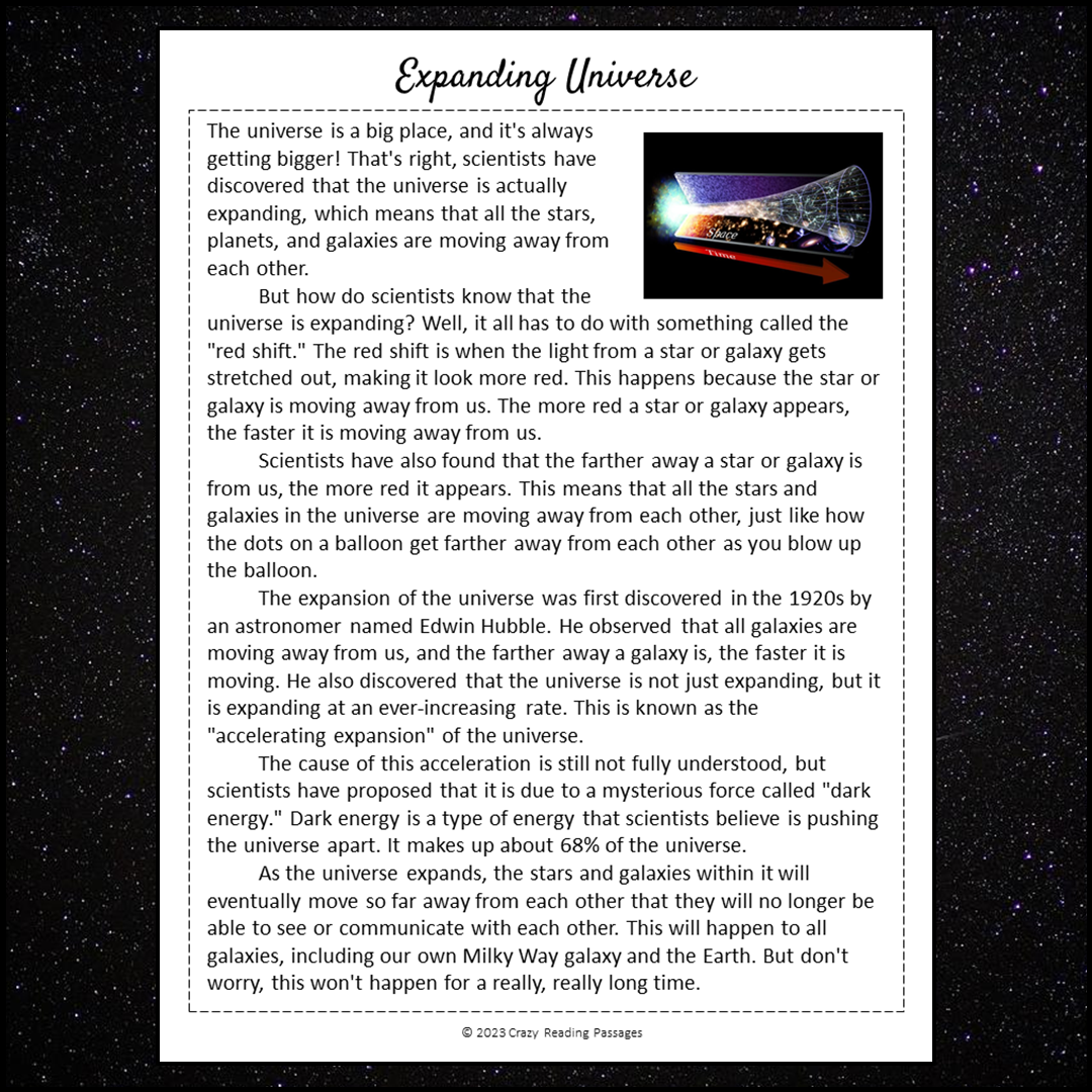 Expanding Universe Reading Comprehension Passage and Questions | Printable PDF