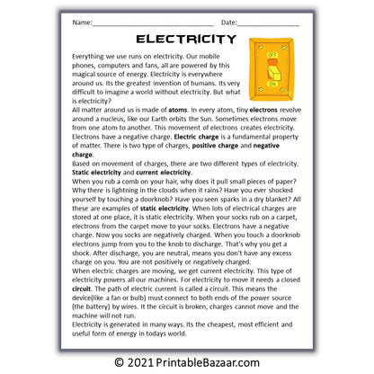 Electricity Reading Comprehension Passage and Questions