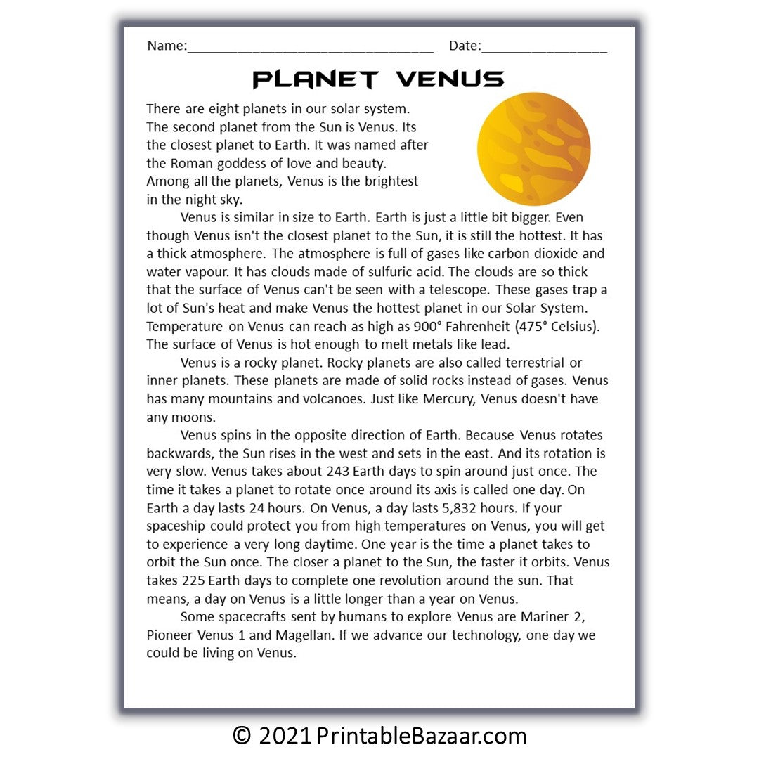 Venus Reading Comprehension Passage and Questions