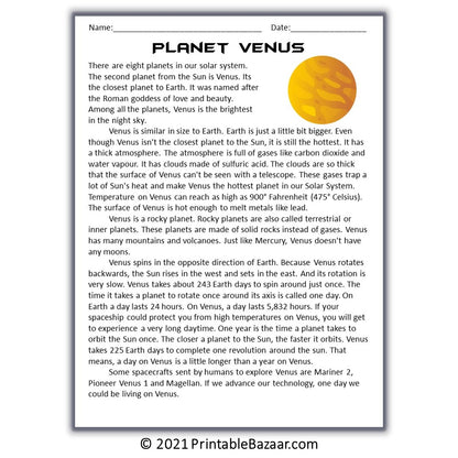 Venus Reading Comprehension Passage and Questions