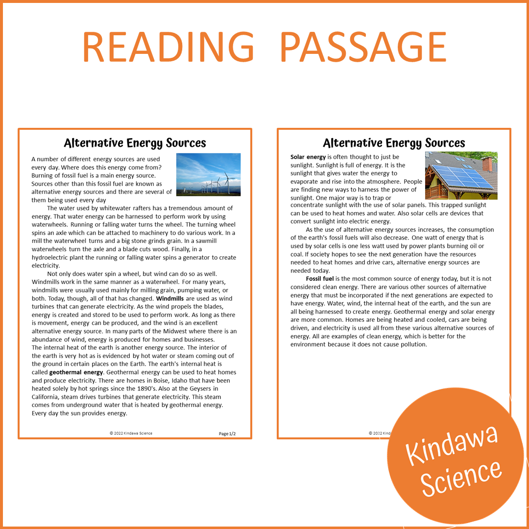 Alternative Energy Sources Reading Comprehension Passage And Questions ...