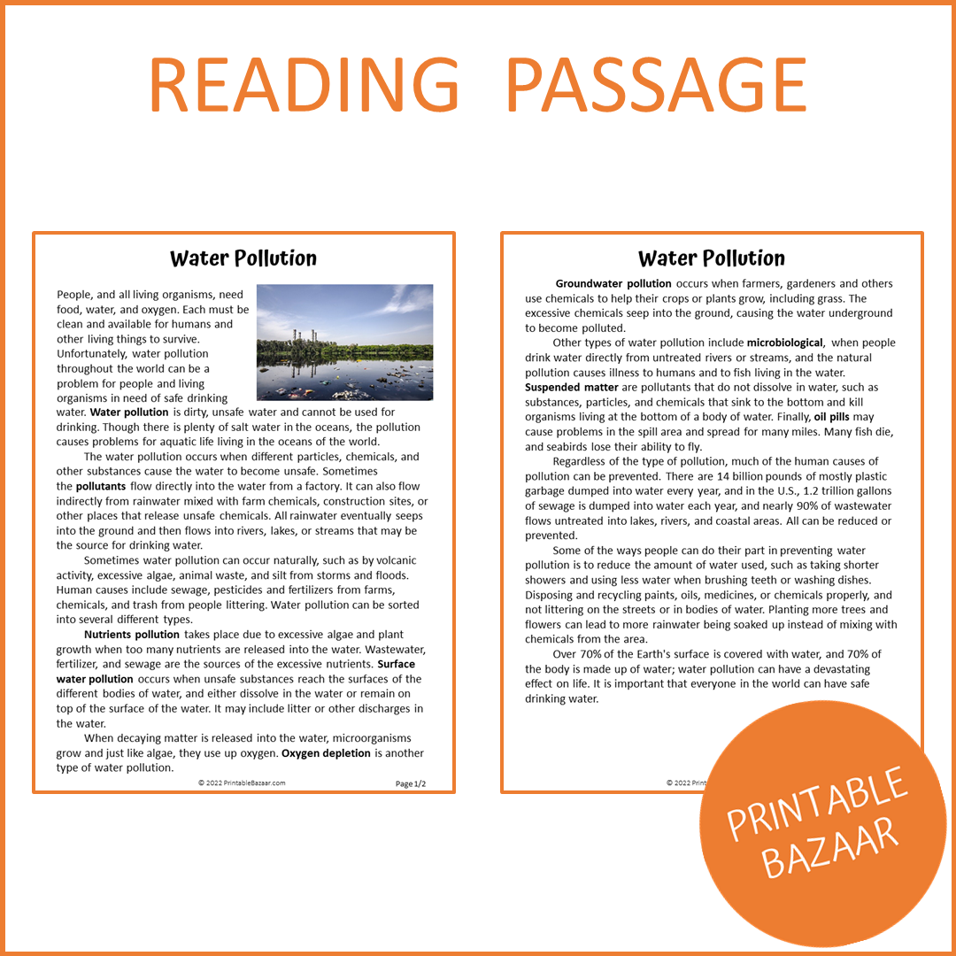 Water Pollution Reading Comprehension Passage and Questions | Printable PDF