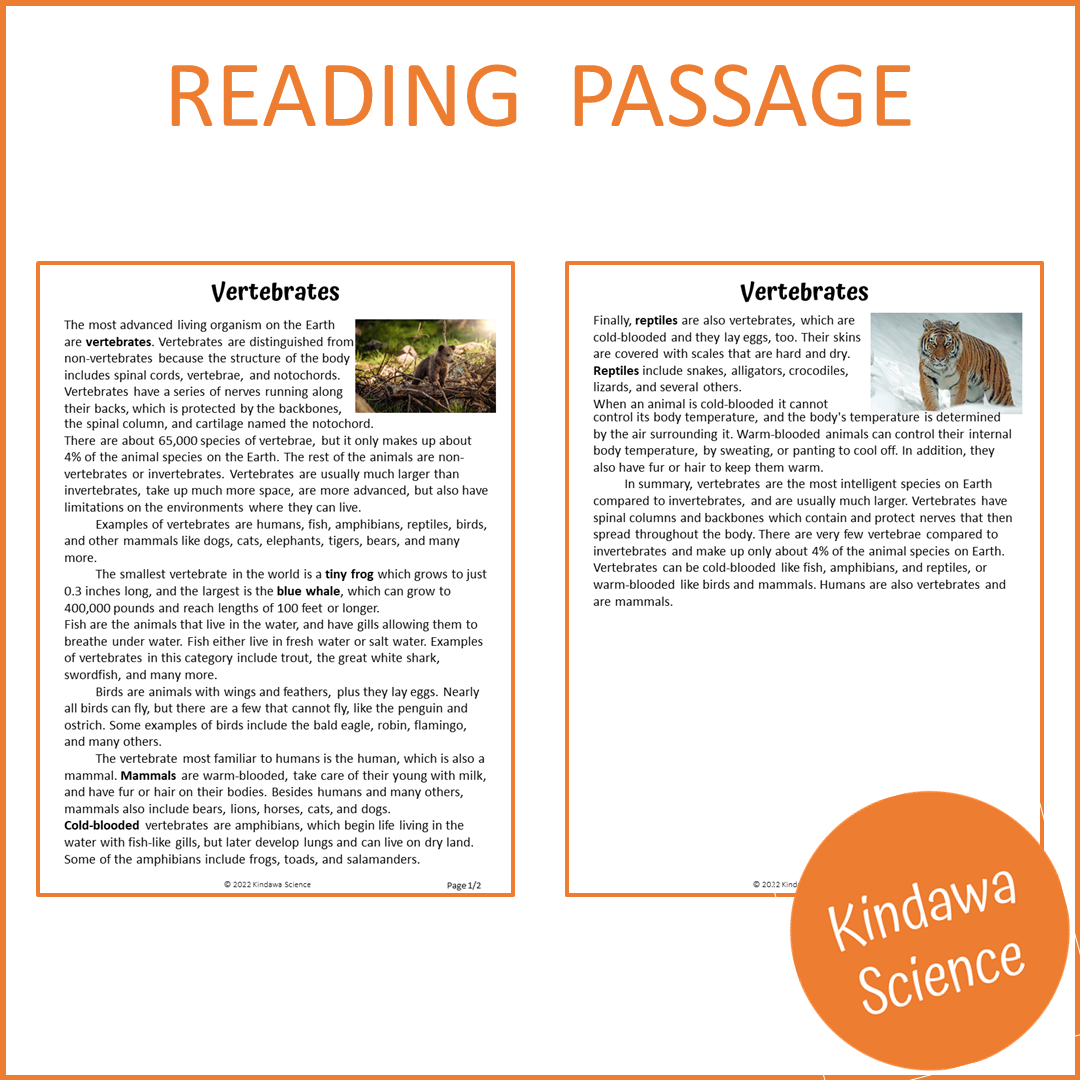 Vertebrates Reading Comprehension Passage and Questions | Printable PDF